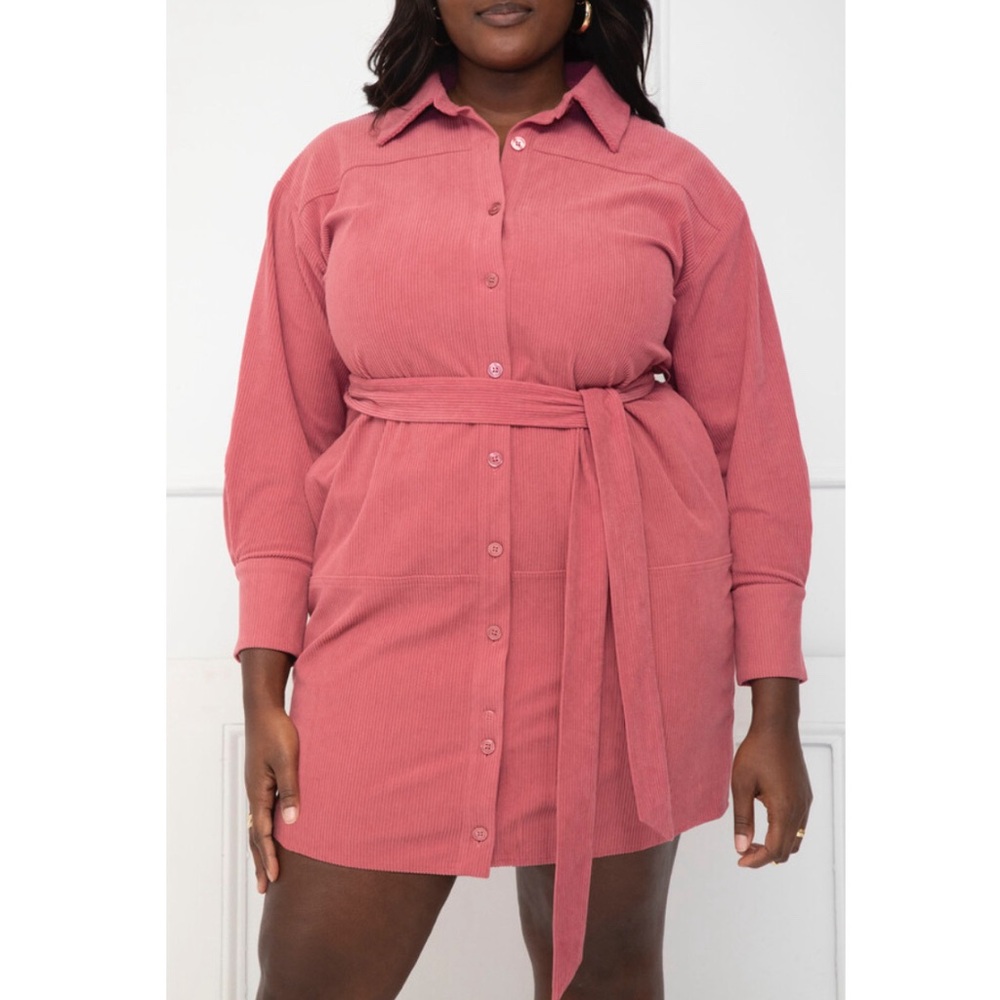 Eloquii Elements Corduroy Pink Belted Shirt Dress